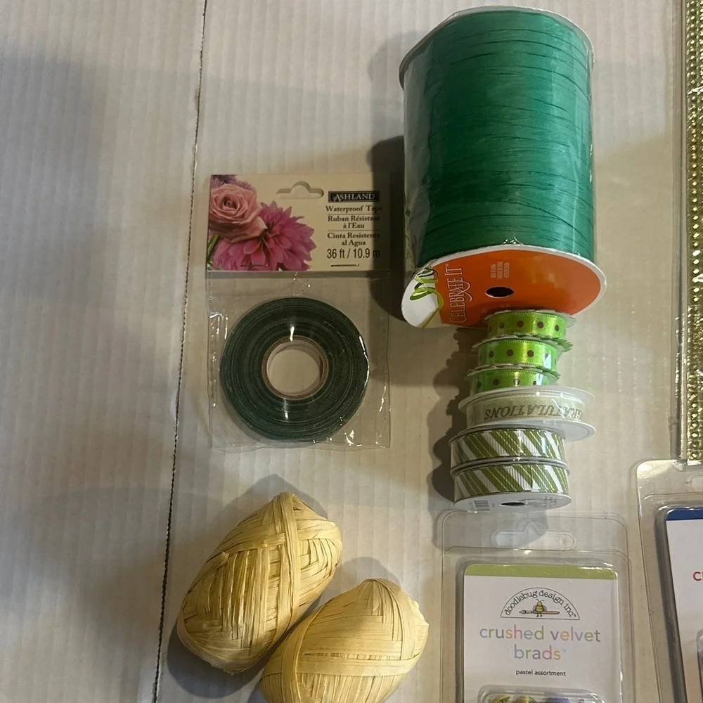 NWT Assorted Home Party craft Supplies Set with tulle ribbon brads stick ons